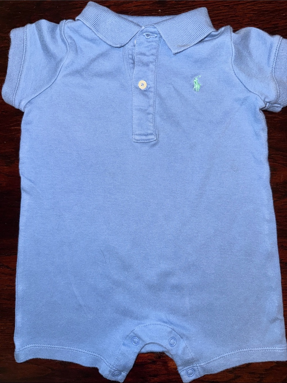 Ralph Lauren Light Blue Baby Polo Romper with Green Logo